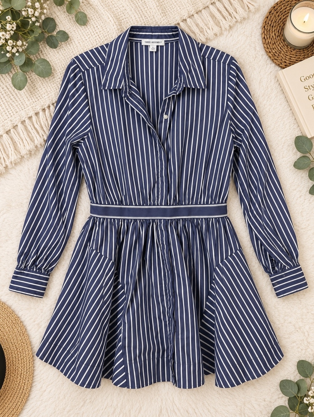 Free Assembly Navy Striped Shirt Dress Large Button Front